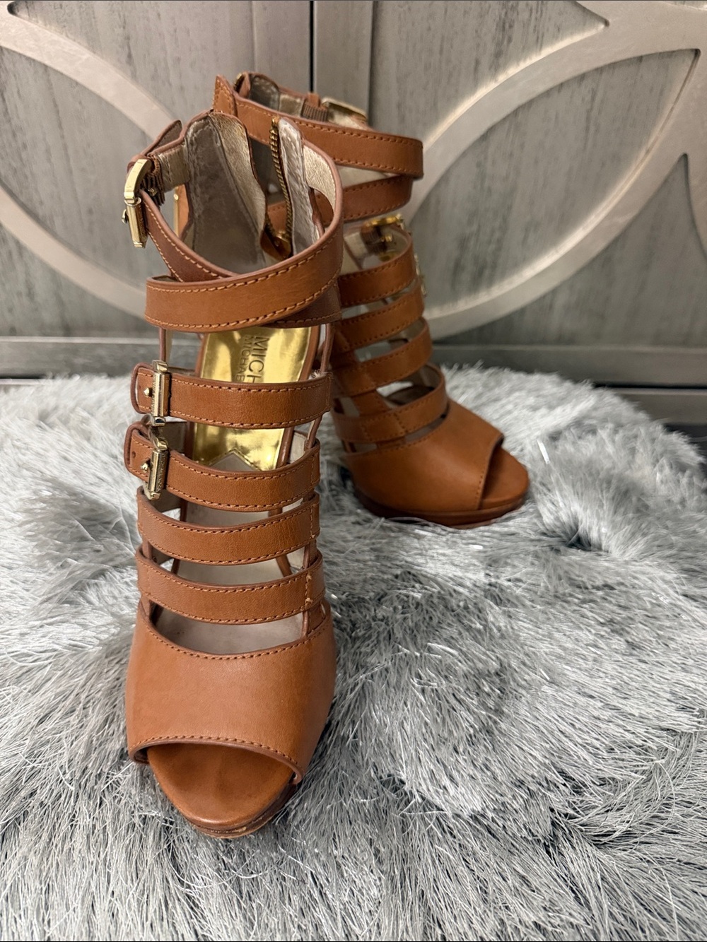 Michael Kors Tan Strappy Buckle High Heel Sandals